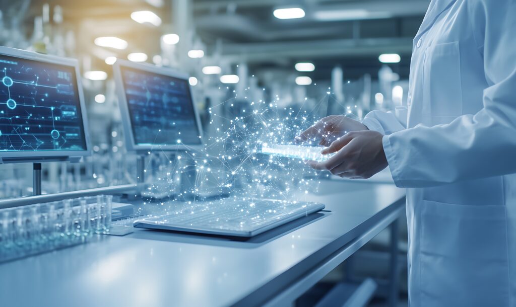 Person in computer lab using technology