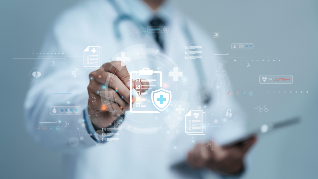 Person in lab coat points at different health data holograms